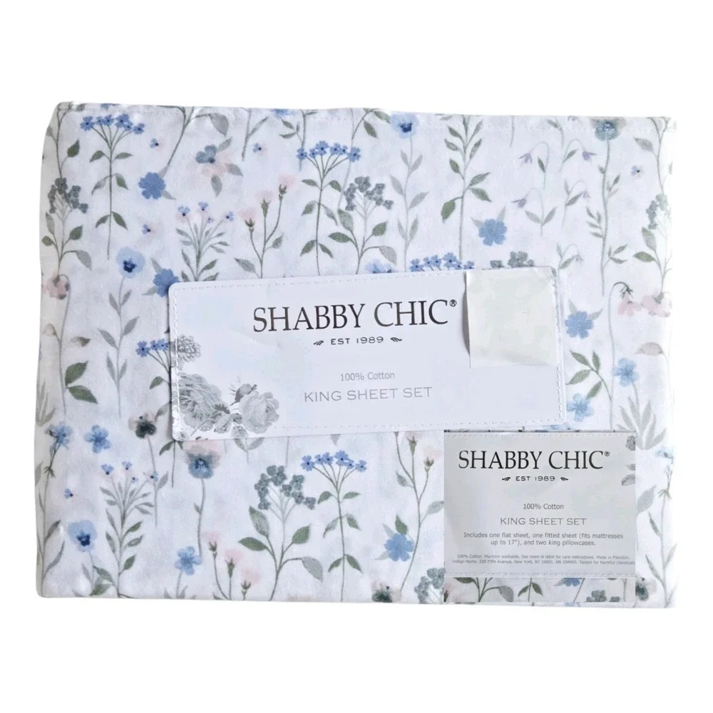 Shabby Chic 4pc Cottagecore Multi Floral Cotton King Sheet‎ Set White Background